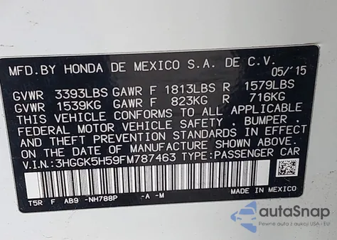 2015 Honda Fit Lx z USA, uszkodzony, nr VIN 3HGGK5H59FM787463